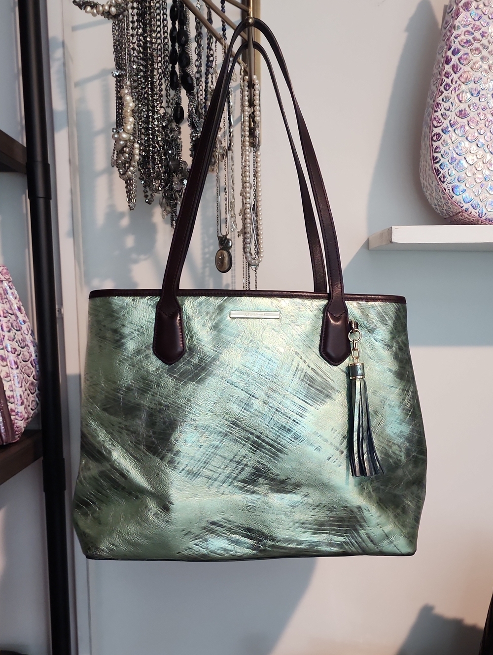 Metallic Green Tote Bag with Tassel